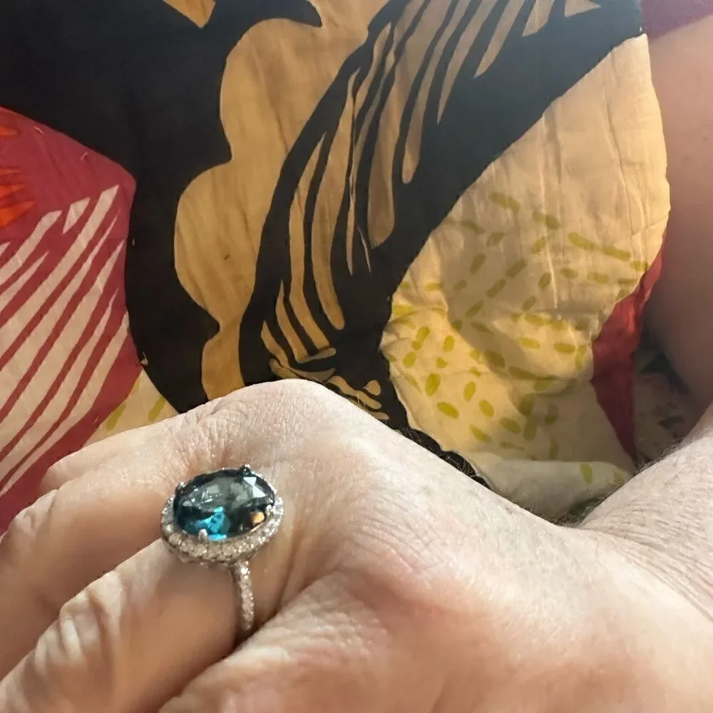 ⭐️Huge ⭐️ Dark Blue Oval Topaz With CZ White Surrounding Main Gemstone Cockta…